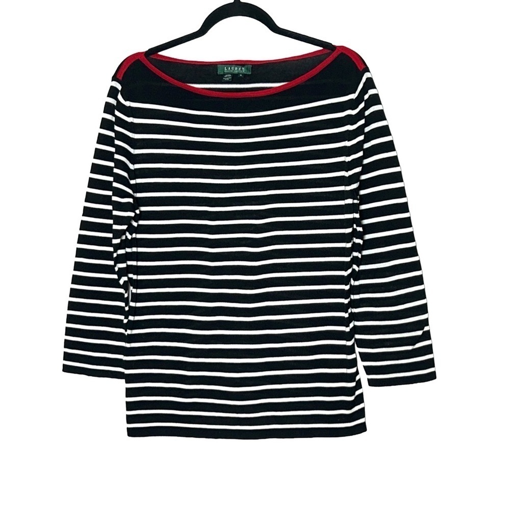 Lauren Ralph Lauren Boatneck Top in Black & White Stripes w/ Red Collar Trim, XL